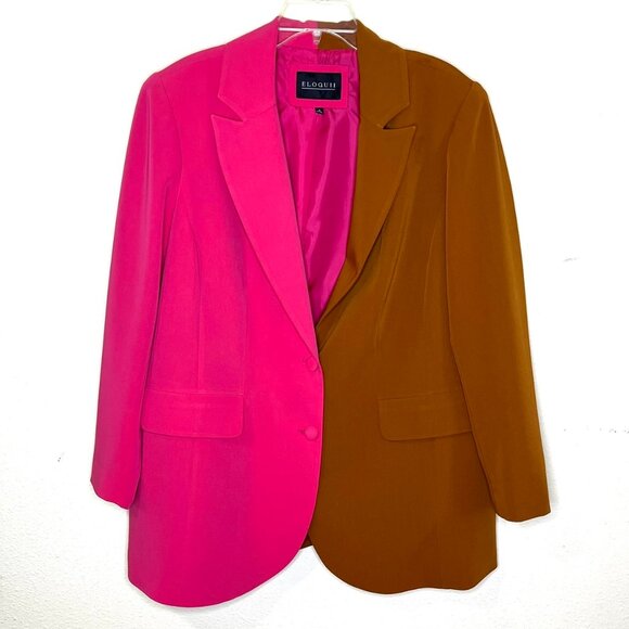 ELOQUII color block blazer suit jacket Sz 16 Pink Brown button front Plus - Picture 2 of 8